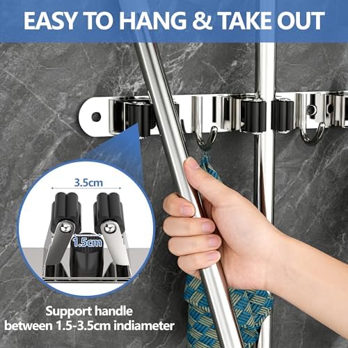 Broom Holder Wall Mounted With 5 Holders And 4 Hooks With Nails Installation Utility Room Storage Stainless Steel Broom Storage Organiser for Garage Kitchen Laundry Bathroom