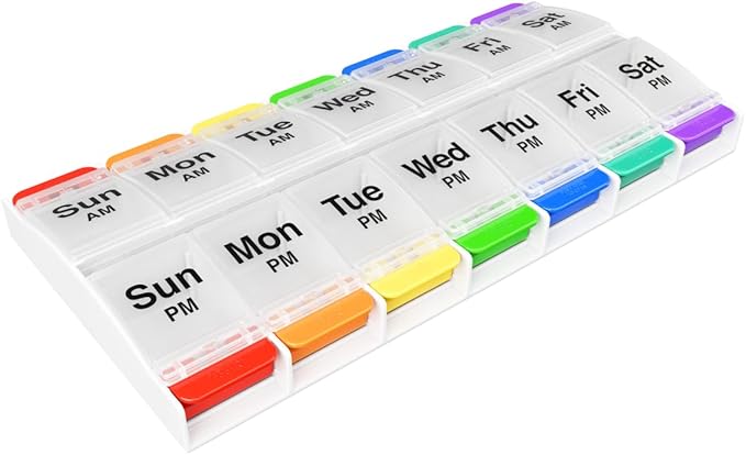 Ezy Dose Weekly (7-Day) AM/PM Pill Organizer, X-Large Medicine Box, Rainbow | Daily Vitamin & Supplement Case, 2 Times a Day Push Button Compartments, Arthritis-Friendly, Travel-Friendly, BPA-Free