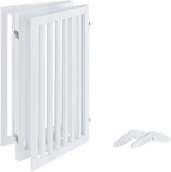 unipaws 36”H Free Standing Pet Gate for Dog, Tall Wooden Dog Gate, 80” Wide | Foldable Pet Fence for Doorway, Stairs, Step, Expandable Doggy Barrier, Room Divider, Indoor Use, White