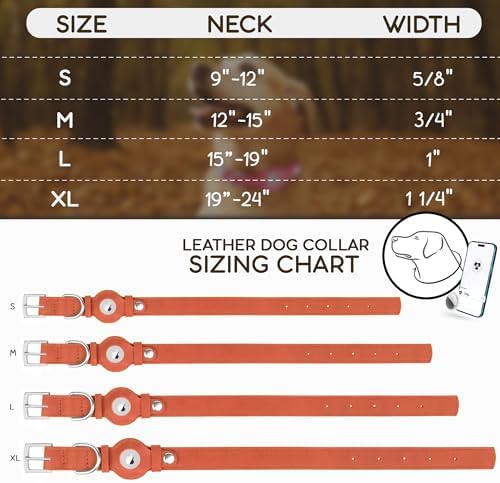 Leather Dog Collar with Airtag Holder - Apple Air Tag Dog Collars - Soft Tracking GPS Pet Collar for Small Medium Large Dogs Breed Puppy (Tawny, S, 9"-12" Neck Fit)