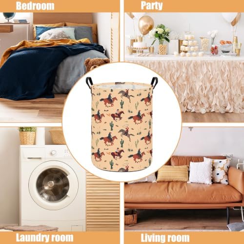 Round Laundry Basket Collapsible Storage Organizer Cactus Cowboy | Waterproof Canvas Foldable Baskets with sturdy Handles Multi-scene Organizer for Home Play Bedroom Gift Bin