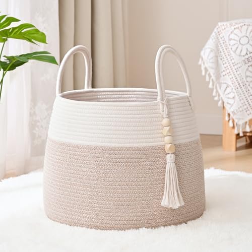 Large Nursery Hamper, 30L Blanket Basket with Handle, Baby Laundry Basket for Gift, Toy, Clothes, Woven Storage Basket with Wooden Bead Decor, Baby Hamper for Nursery (Black&Brown)