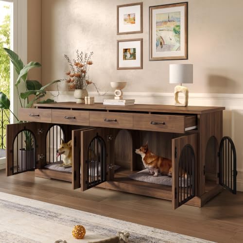 70.8" Large Dog Crate Furniture with Removable Divider/4 Storage Space | Multi‑Purpose Indoor Dog Kennel Works As Tv Stand End Table,Six Access Doors,For Small Medium Multi‑Dog Households