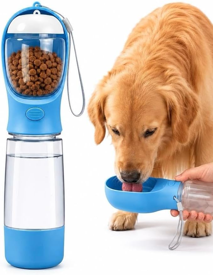 Portable Dog Water Bottle with Bowl, Food Container & Poop Bag Holder, 13.5 oz, Leak Proof Travel Pet Water Bottle for Dogs & Cats, Food Grade Plastic Dispenser for Walking, Hiking & Camping (Blue)