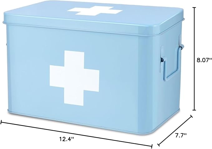Flexzion Large Metal First Aid Box Empty, 13-Inch, Blue with White Cross | Vintage Medicine Box and First Aid Storage Organizer with Removable Tray and Dividers; Empty Box Only, Supplies Not Included