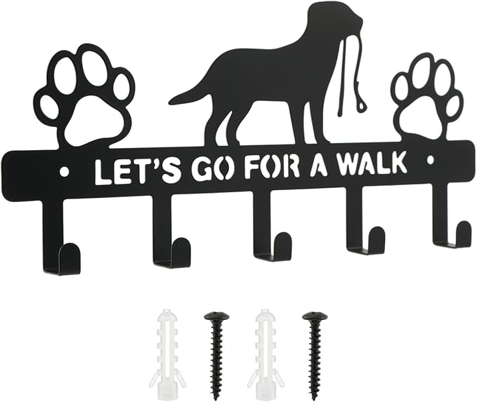 Dog Leash Holder for Wall, Key Holder with 5 Metal Hooks, Let's Go for A Walk Pet Leash & Collar Organizer, Screw Mounted Wall Rack for Entryway, Garage, Mudroom & Hallway