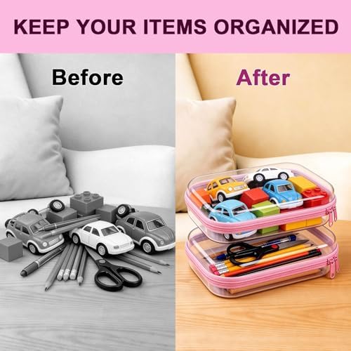 2 Pack Pink Clear Hard Shell Zipper Case, 8.86" x 6.38", Zipper Pouch