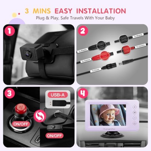 S100P Baby Car Camera with Ultra Night Vision, 5'' HD 1080P IPS Baby Car Monitor with 3X Zoom, Backseat/Carseat/Rear Seat Camera USB, Easy No-Damage Install, Safety for Infants and Pets(5 inch Purple)