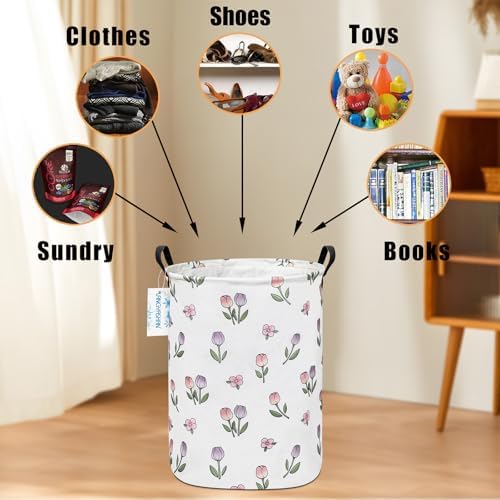 Round Laundry Basket Collapsible Storage Hamper Organizer Romantic Tulip | Waterproof Canvas Foldable Baskets with sturdy Handles Multi-scene Organizer for Home Play Bedroom Gift Bin