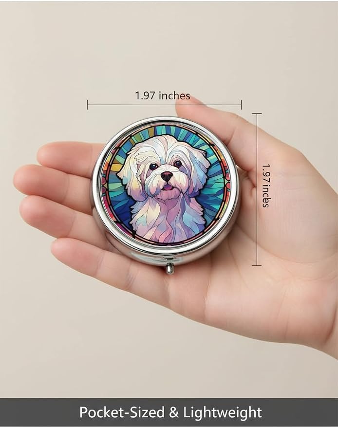 Maltese Dog Small Box for Pill,3 Compartment Pill Case Travel Medicine,Portable Pocket or Purse Pill Organizer Container Holder Hold Vitamins, Medication, Fish Oil Supplements