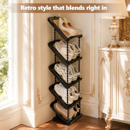 Slanted Narrow Shoe Rack 5 Tiers, Slim Depth Vertical Shoe Shelf - 1 Pack | Small Spaces Shoe Storage, Fits All Shoes & Boots Organizer, Free Standing, Tall, Sloping, Thin, Corner, Entryway, Ergonomic