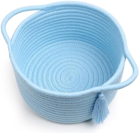 Small Gift Basket Empty to Fill, Gifts Bag & Ribbon, Light Blue | Cute Decorative Mini Woven Rope Basket with Handles for Gifting; Reusable for Bathroom Counter or Desk Catchall, 8 x 4.7 in