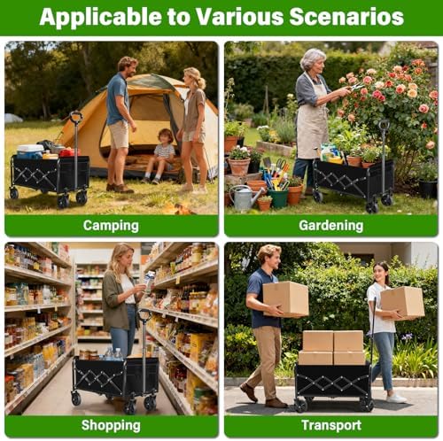 Collapsible Wagon Cart, Folding Cart with 360LBS Capacity, Black | All-Terrain Wheels & Flexible Handle, Heavy Duty Utility Wagon for Grocery Camping Garden Shopping Sports