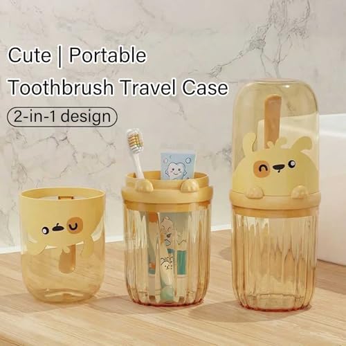 Toothbrush Travel Case for Kids with Detachable Handle, Portable Cute Toothbrush Holders, Multifuction Toothbrushes Toothpaste Storage Box for Camping Travel or Daily Use (Yellow)