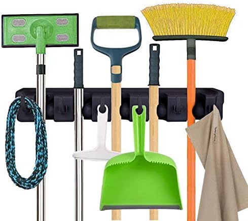 Mop and Broom Holder Wall Mount Heavy Duty Tool Organizer For Home Garden Garage And Storage (5 Positions with 6 Hooks)
