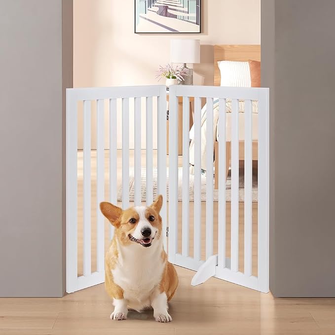 unipaws 36”H Free Standing Pet Gate for Dog Cat, 40”Wide Wooden Dog Gates | Foldable Pet Fence for Doorway, Stairs, Step, Expandable Doggy Barrier, Room Divider, Indoor Use, White