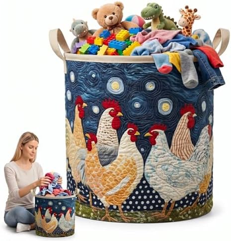 Country Rooster Farmhouse Quilted Laundry Basket, Rustic Fabric Storage Hamper with Handles, Large Clothes Bin for Cozy Bedroom Organization(14"x 18")