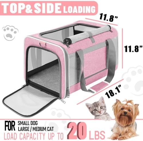 GAPZER Large Cat Carrier Soft, Collapsible Travel Pet Carry Bag, Small Dogs | Big Kitten Cat 20lbs Mainecoon, Top Open Travel Shih-Tzu Pet Kennel, Yorkie Small Dog 10 Pounds, 18x12x12, Durable Cloth Pink