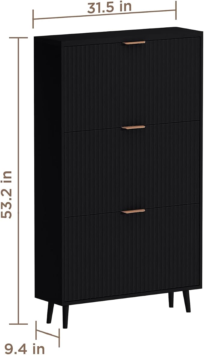 Shoe Cabinet Storage,Modern Freestanding Organizer with 3 Flip Drawers,Narrow Shoe Rack Cabinet for Entryway,Black