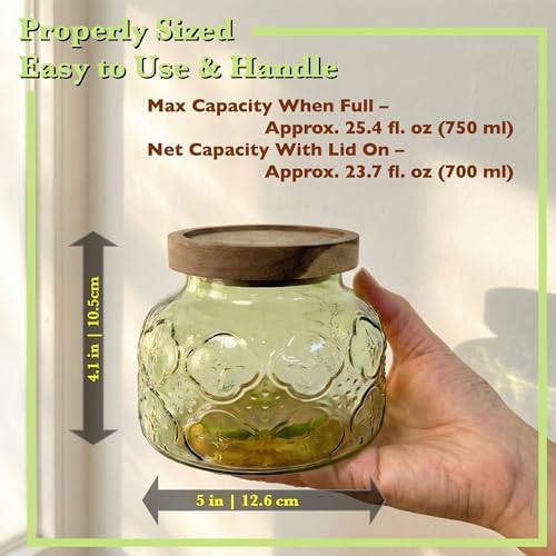 Decorative Green Embossed Glass Jar with Airtight Wooden Lid, 25.4 fl. oz | Wide mouth vintage storage canister, kitchen pantry bathroom organization, coffee sugar tea cookie candy candle vase gift