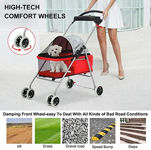 Meet Perfect Pet Stroller for Small/Medium Dogs & Cats, Red, Foldable | Waterproof fabric helps protect pets during outdoor travel; Mesh panels provide ventilation and visibility.