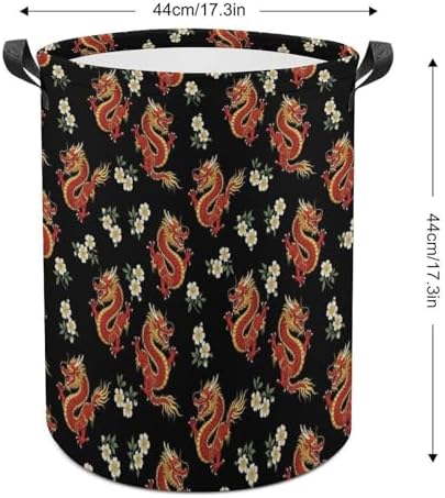 Foldable Laundry Organizer with Handles Floral Chinese Japanese Dragon Flower, Waterproof Hamper Basket for Clothes, Toys, and Bedroom Storage Solutions