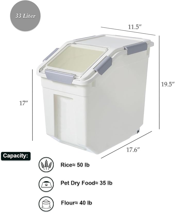 HANAMYA 32.5 Liter / 35 lbs Pet Food Storage Container with Measuring Cup, BPA free, For Dog Food | Cat Food | Rice | Grain | Flour, White & Gray, 2 counts