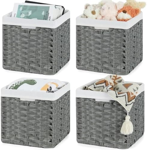 Bidtakay Wicker Storage Baskets for Organizing 4-Pack Hand-Woven Imitation Dark Grey Wicker Cube Storage Bins with Liners for Shelves Closet Cabinet 11x11 Waterproof Cube Organizer for Pantry