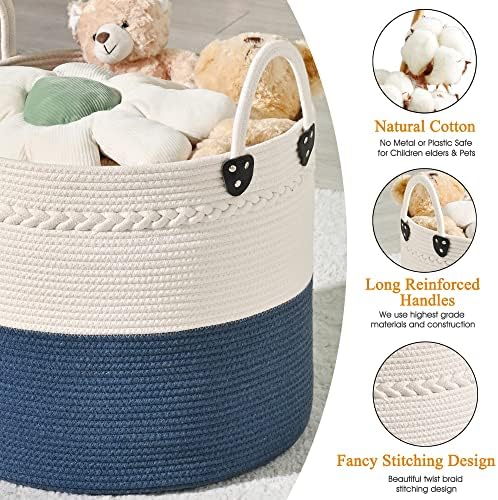KAKAMAY Large Blanket Basket (18"x18"x16"),Woven Baby Laundry Hamper for Storage, Cotton Rope Blankets Baskets for Nursery, Laundry, Living Room, Pillows, Baby Toy chest with Handles (Navyblue)