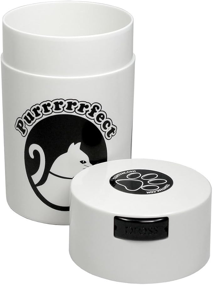 Tightpac Pawvac 1 to 6 Ounces Container, Airtight Pet Food and Treats Storage Jar - Patented Vacuum Seal Container for Pet Food, Treats and other Dry Goods - White with Cats