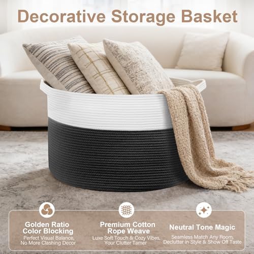 90L Large Blanket Basket Storage with Handles - White & Black