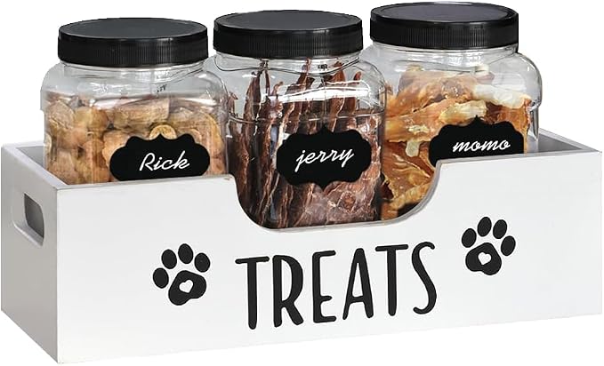 Dog Treat Container for Countertop, Pet Snack Storage Box Includes 3 Treat Jar & Wooden Pet Treat Container Pet Food Organizer For Puppy Airtight Dog Treat Storage With Lids