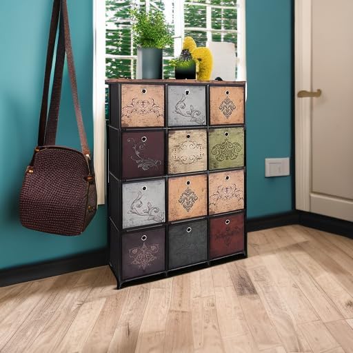 VASICAR Tall Fabric Dresser for Bedroom, Vintage Cube Organizer Shelf | 12-Drawer Storage Tower Unit, DIY Shelves and Drawers for Closet, Nursery, Hallway, Entryway