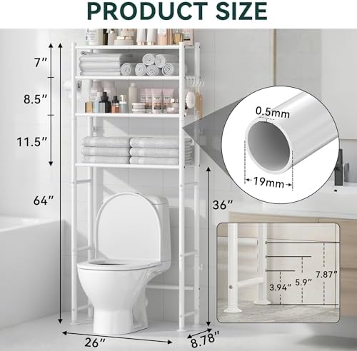 GloTika 4-Tier Over The Toilet Storage Shelves, White | 200lb Total Capacity, Metal Bathroom Organizer with 36" Clearance, Includes Paper Holder & 4 Hooks, Suit for Small Space