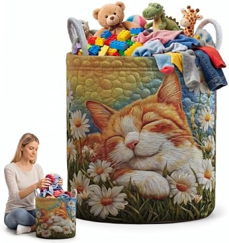 Cute Cat Laundry Hamper Floral Garden Fabric Clothes Basket Fluffy Kitten Toy Storage Organizer Round Basket for Laundry Room Decor(16" x 22")