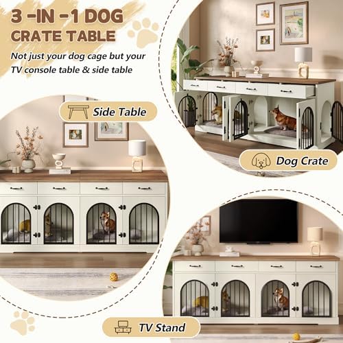 70.8" Large Dog Crate Furniture with Removable Divider/4 Storage Space | Multi‑Purpose Indoor Dog Kennel Works As Tv Stand End Table,Six Access Doors,For Small Medium Multi‑Dog Households
