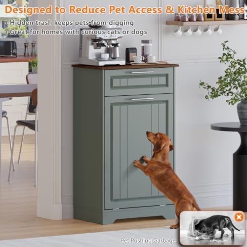 Single 10 Gallon Tilt Out Trash Can Cabinet with Deodorizing Function, Wooden Hidden Garbage Can Holder with Storage Drawers for Kitchen and Dining Room, Laundry Hamper Cabinet for Bathroom, Green