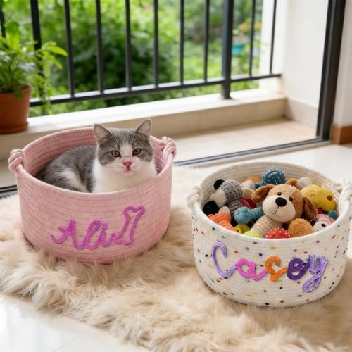 Personalized Dog Toy Basket Custom Cat Cotton Blend Pet Storage Bin with Embroidery Name Handwoven Pet Organizer for Puppy Kitten Ideal Pet Birthday Easter Gift