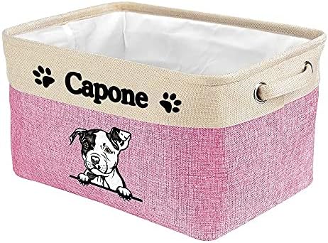 Personalized Fabric Dog Toy Storage Basket with Cute Dog Pit Bull Collapsible Sturdy Fabric Pet Toys Storage Bin Cube with Handles for Organizing, Pink and White