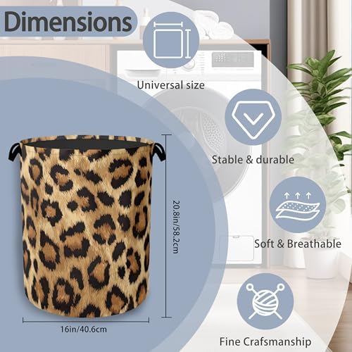 Brown Leopard Laundry Basket,Foldable with Handles Tote Bag Oxford Cloth for Bathroom Bedroom Dirty Clothes Storage Bucket 16" x 20.8"