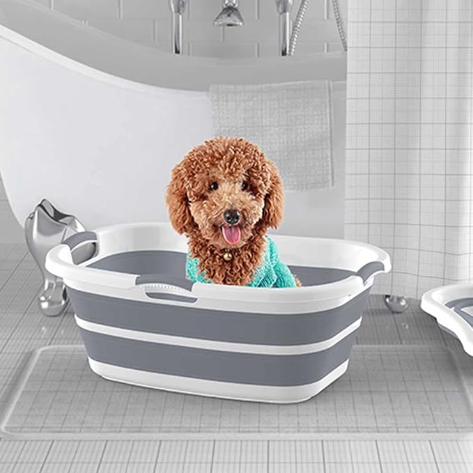 Collapsible Pet Bathtub with Drainage Hole, 3 Handled Dogs Bath Tub, Gray | Portable Washing Tub, Foldable Bathing Tub, Multi-Functional, Small Pets Bathtub for Puppy Small Dogs Cats, Indoor, Outdoor