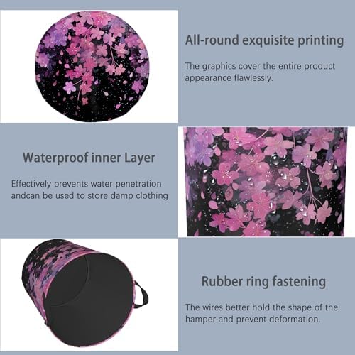 Cherry Blossoms Laundry Basket,Foldable with Handles Tote Bag Oxford Cloth for Bathroom Bedroom Dirty Clothes Storage Bucket 16" x 20.8"