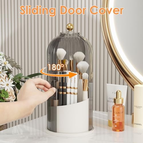 YOOLENS Makeup Brush Holder with Lid 360 Rotating Clear Dustproof Make Up Organizers for Vanity Bathroom Countertop, Gray