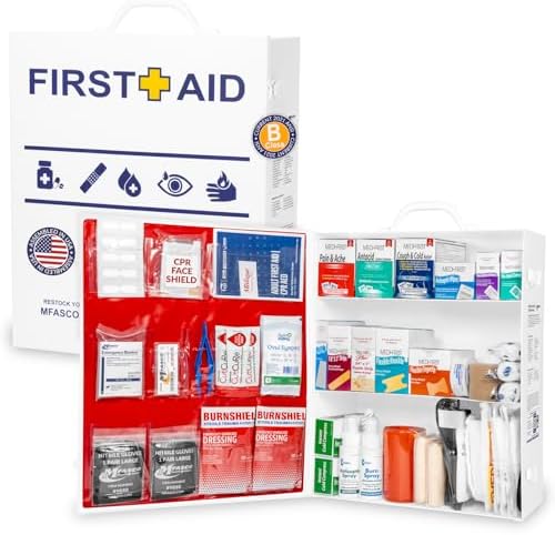 MFASCO OSHA/ANSI 2021 Class B First Aid Cabinet | 3-Shelf with Meds | Workplace emergency kit | 3-shelf with essential first aid items for offices, shops & facilities | ANSI Z308.1-2021 Compliant