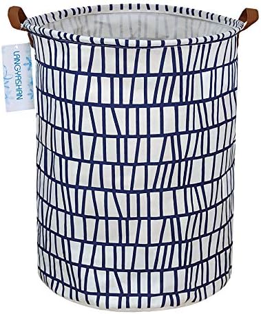 Round Laundry Basket Collapsible Storage Hamper Organizer Blue Stripes | Waterproof Canvas Foldable Baskets with sturdy Handles Multi-scene Organizer for Home Play Bedroom Gift Bin