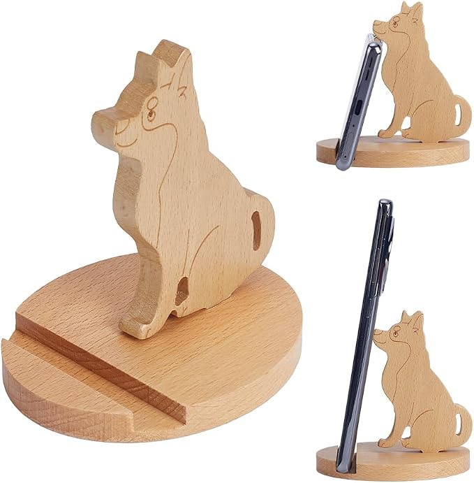 NBEADS Cell Phone Tablet Wooden Stand, 3.58x2.28x0.39inch Animal Phone Holder Dog Decorative Smartphone Desk Holder with Non-Slip for Various Models of Mobile Phones and Tablets, Sandy Brown