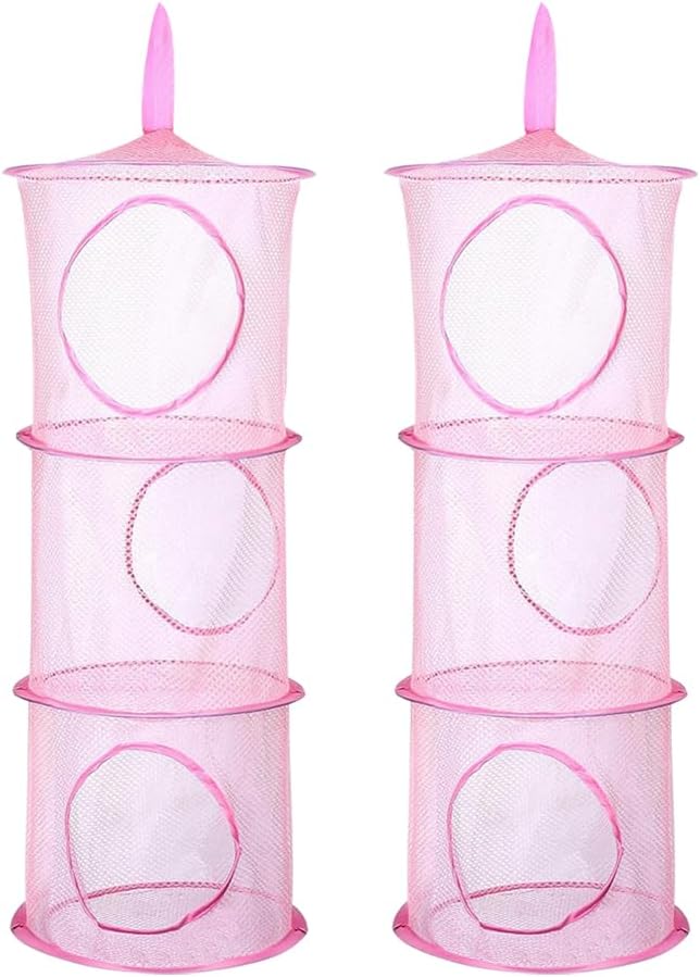 GSHLLO 2 Pcs Toy Storage Hanging Mesh 3 Compartment Organizer Net Stuffed Animal Hammock Foldable Organizing Baskets Clothes Hanger Organizer Bag for Room Bathroom Closet Pink