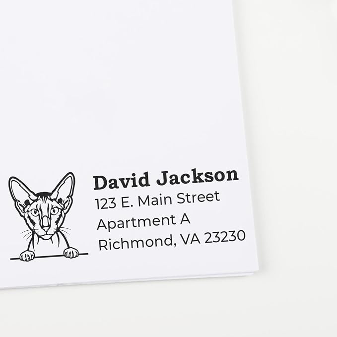 Personalized Peterbald Cat Return Address Stamp for Baby Announcements & Wedding Invitations | Handcrafted Custom Self-Inking Name Labels with Elegant Feline Design, 7/8 X 2-1/4 Inches