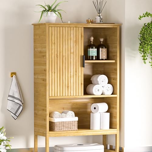 Yardenaler Over The Toilet Storage Cabinet with Fluted Doors, Bathroom Over Toilet Rack with Adjustable Shelf Bamboo FreeStanding Space-Saving Storage Organizer, Natural