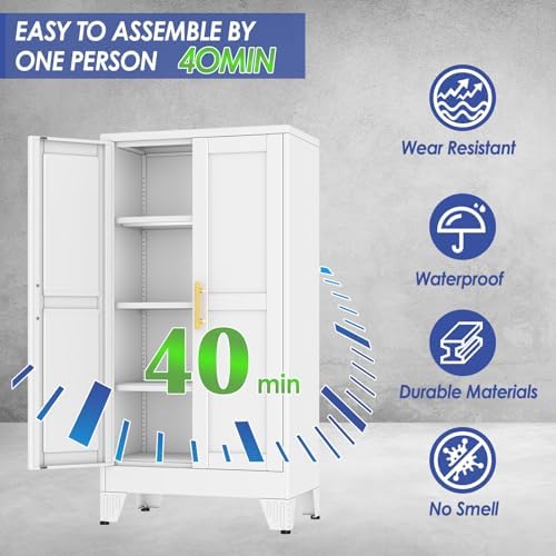 47" Metal Garage Storage Cabinet with 2 Doors and 3 Adjustable Shelves,Metal Storage Cabinets,Steel Tool Cabinets for Home,Office,Garage,Warehouse (White, 47''H x 24''W x 12''D)